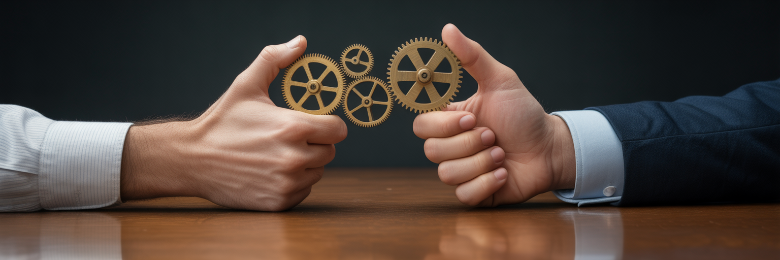 Hands adjusting interconnected brass gears.