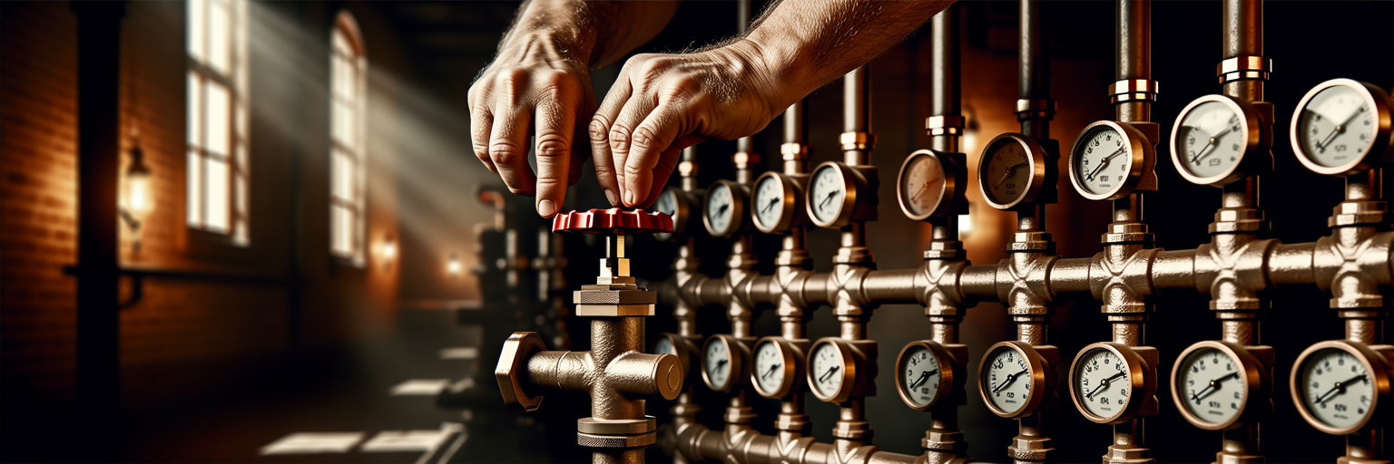Hands adjusting valve on a pipe system.