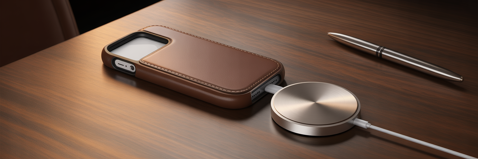 Hands aligning leather iPhone case with MagSafe charger.