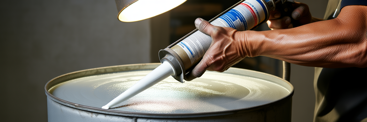 Hands applying sealant inside a metal container.