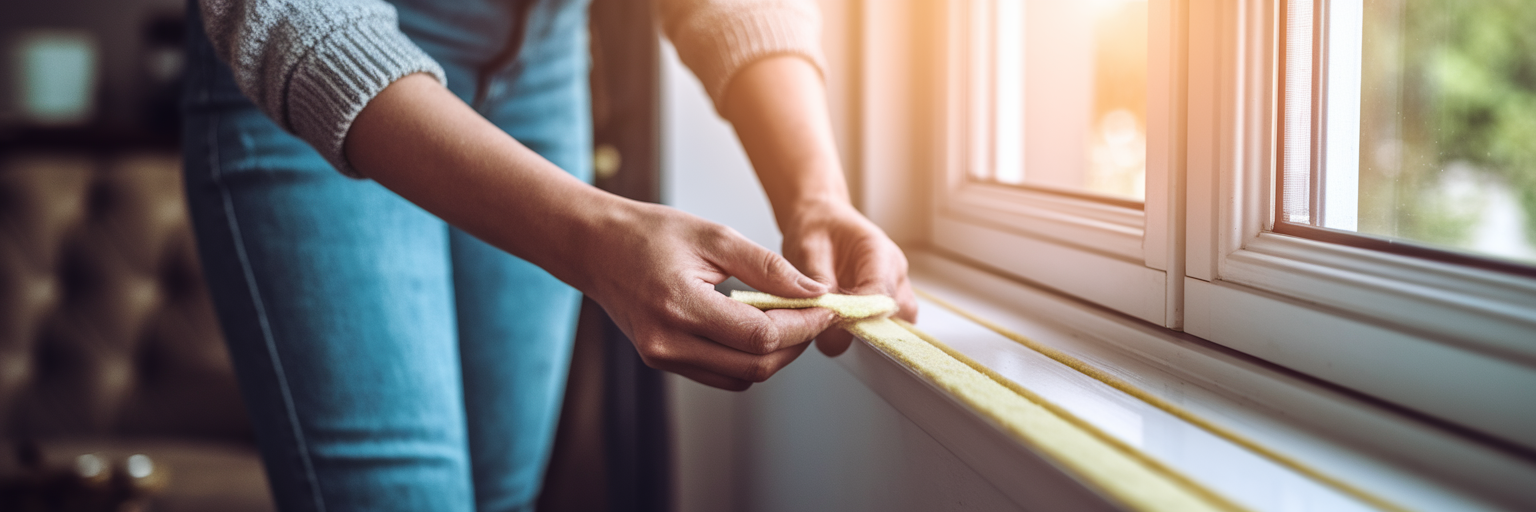 Hands applying weatherstripping to a window.
