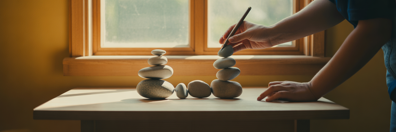 Hands arranging balanced stones on desk.