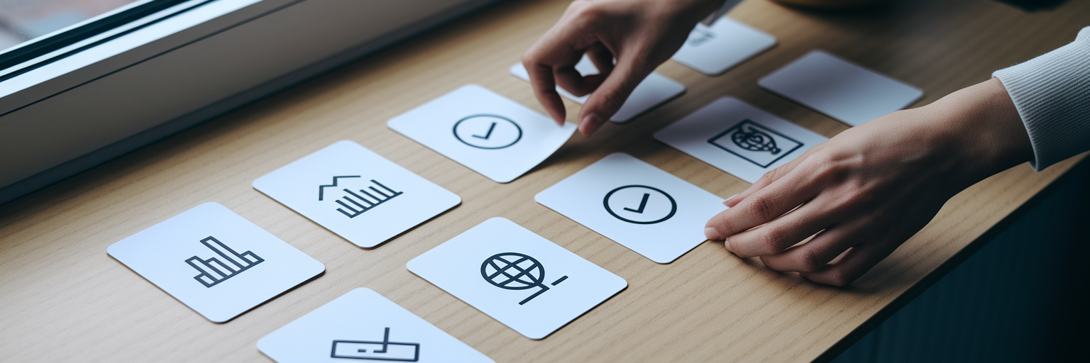Hands arranging cards with app feature icons.