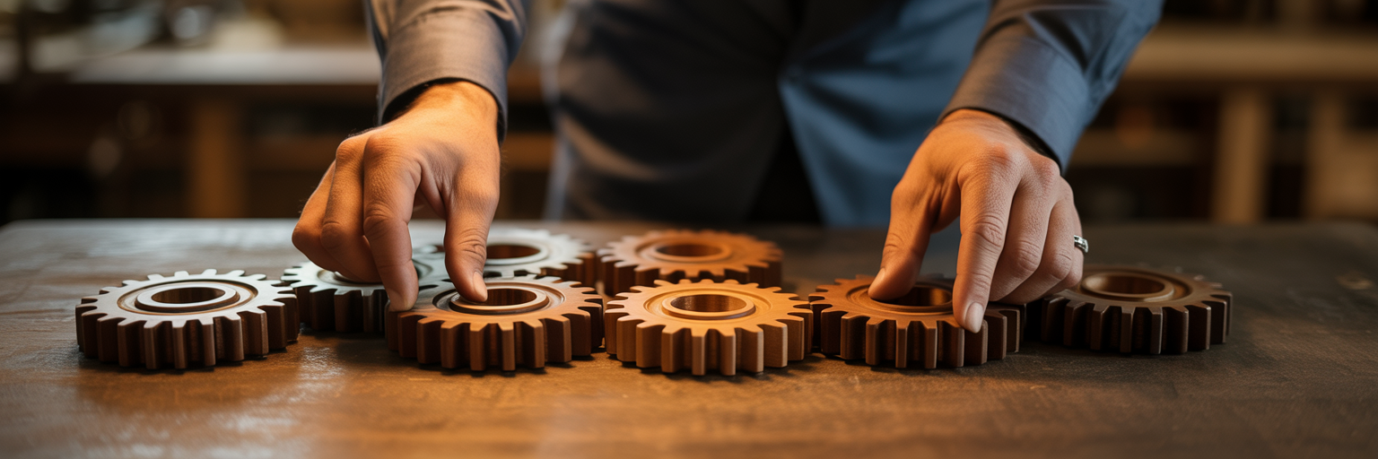 Hands arranging interlocking wooden gears.