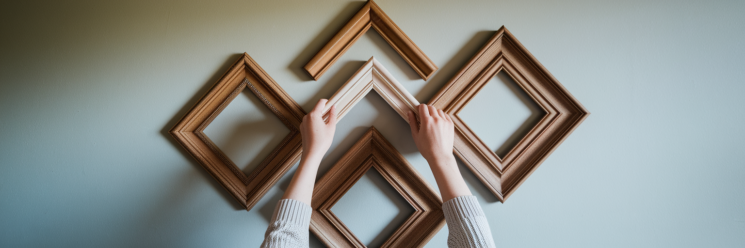 Hands arranging picture frames on a wall.