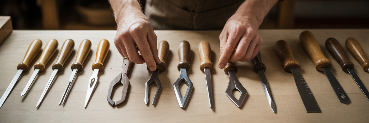 Hands arranging specialized wooden tools on workbench.