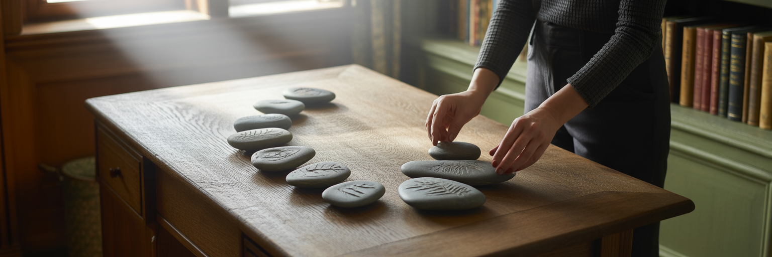 Hands arranging stones in a purposeful path.
