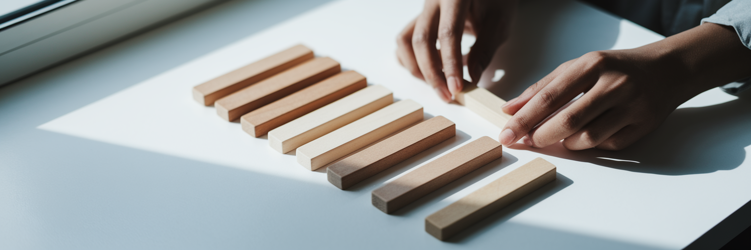 Hands arranging wooden blocks on surface.