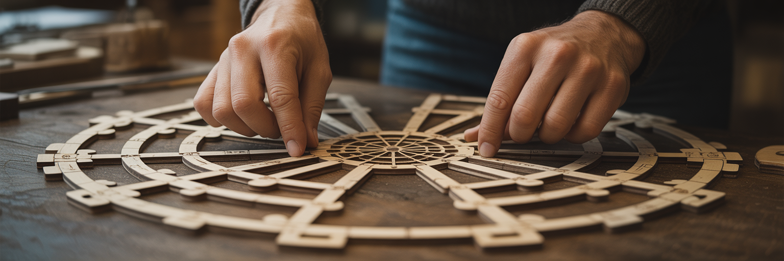 Hands assembling a complex wooden puzzle.