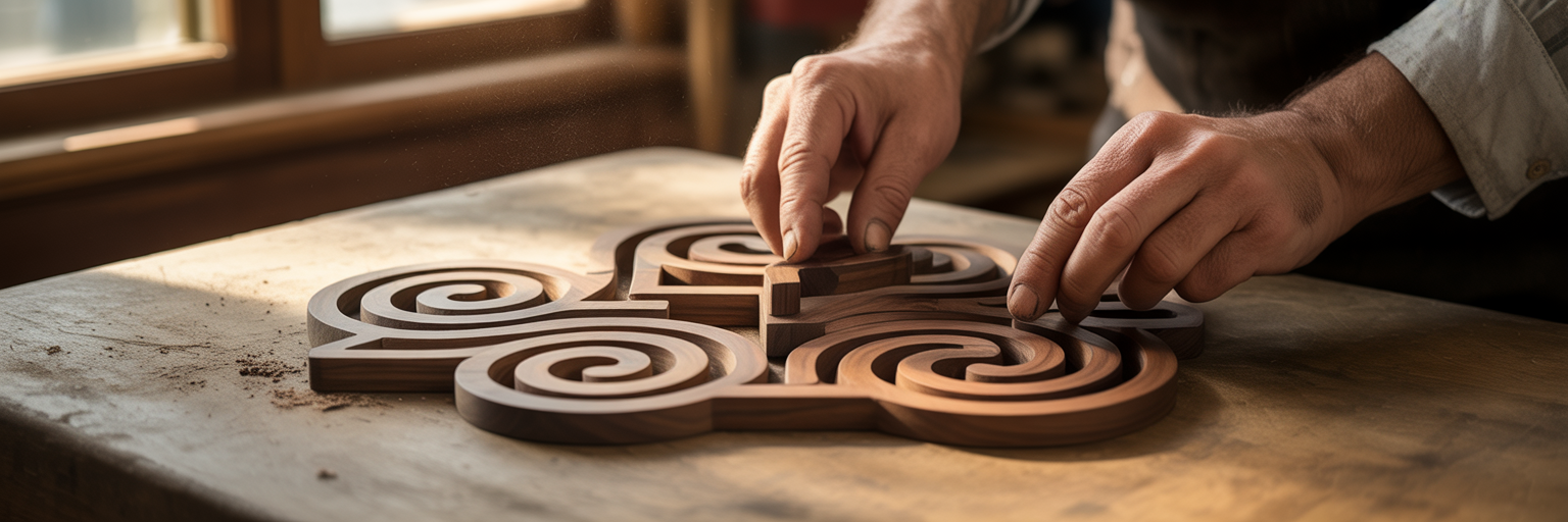 Hands assembling a symbolic wooden puzzle.