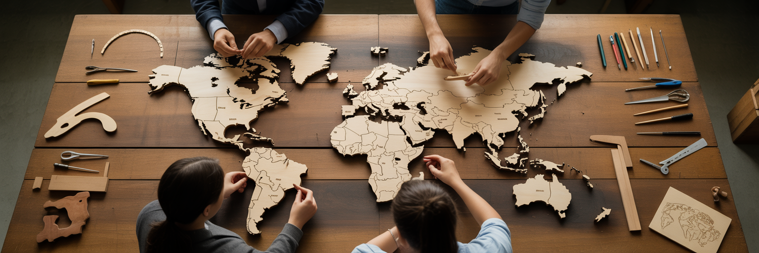 Hands assembling a wooden world map puzzle.