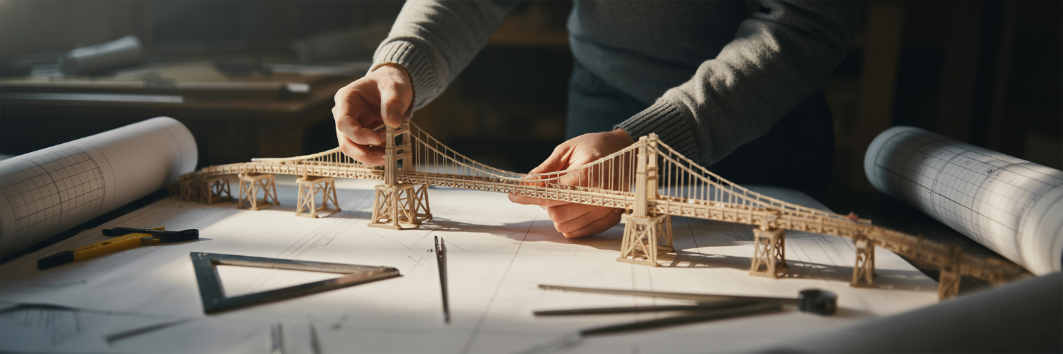 Hands assembling an architectural model of a bridge.