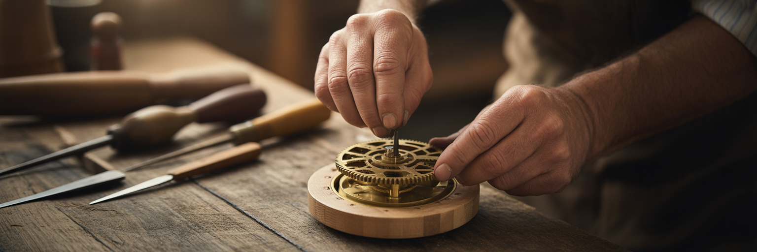 Hands assembling intricate wooden clock gears.