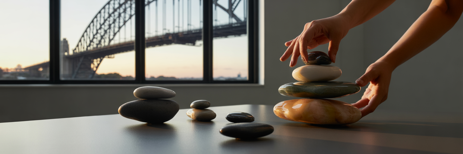 Hands balancing stones in a stack.