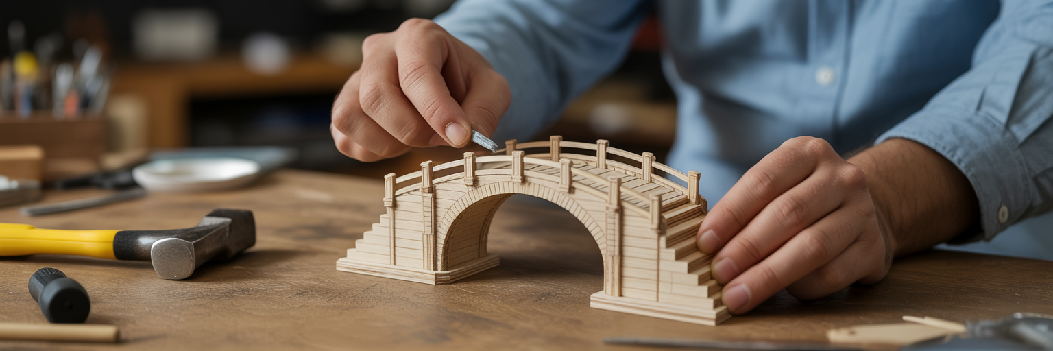 Hands building a small wooden bridge.