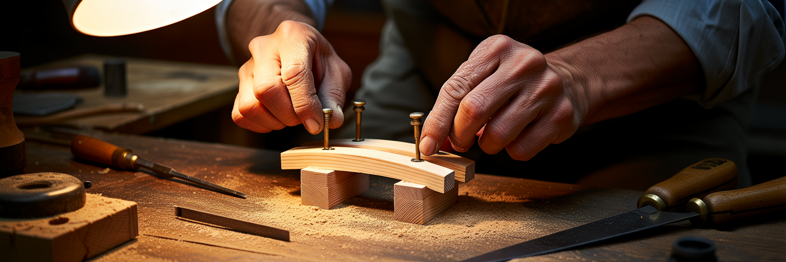 Hands building a small wooden bridge.
