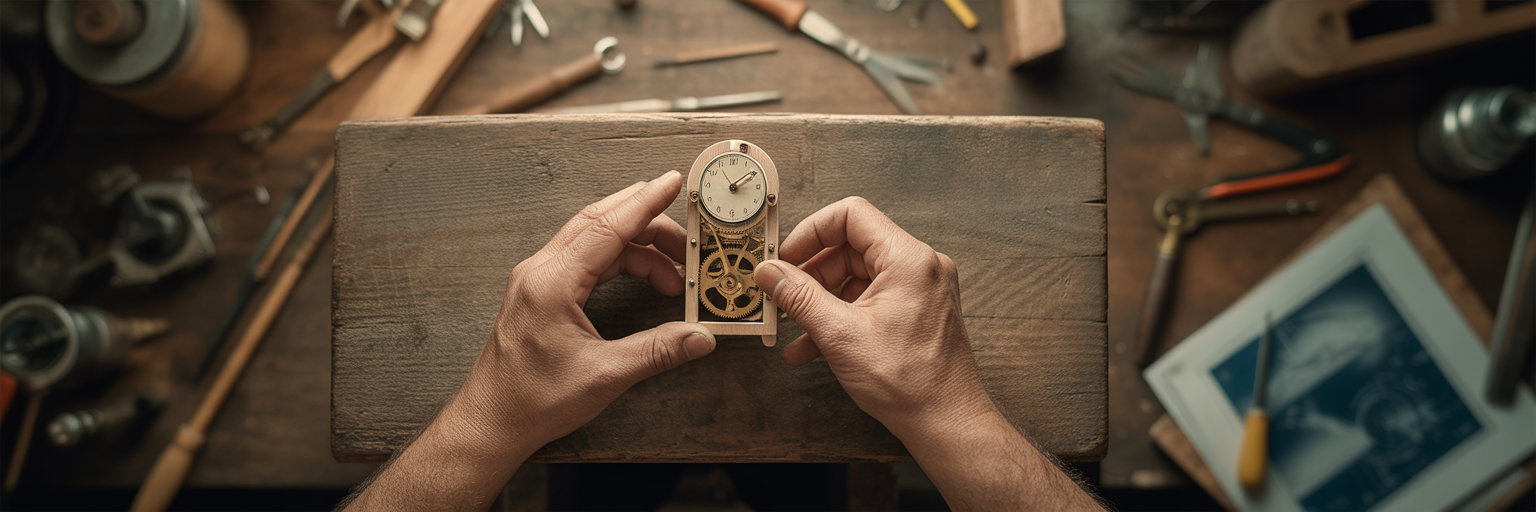 Hands carefully assembling a clock mechanism.