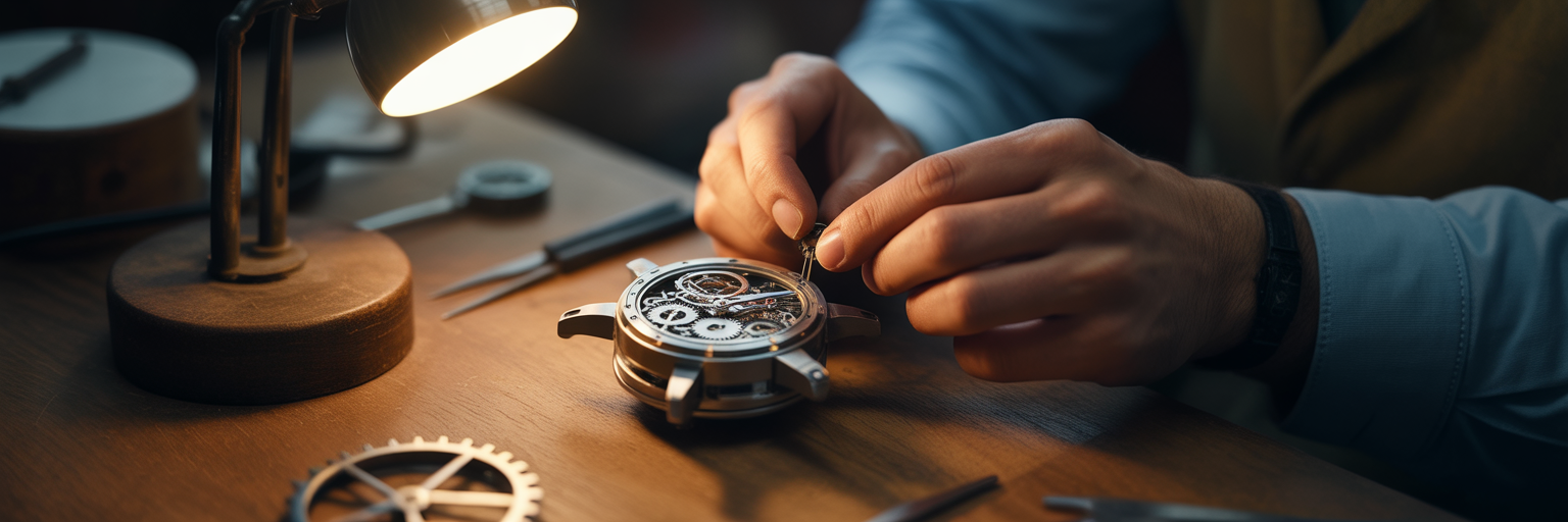Hands carefully assembling a mechanical watch.