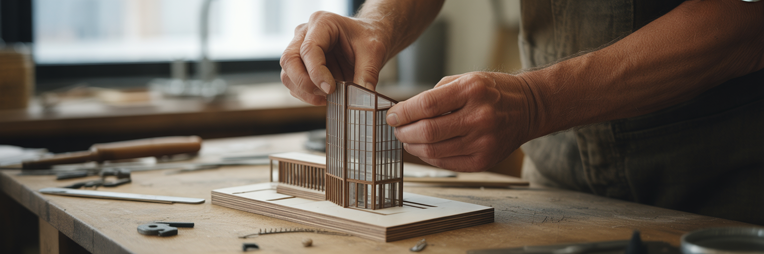 Hands carefully assembling an architectural model.