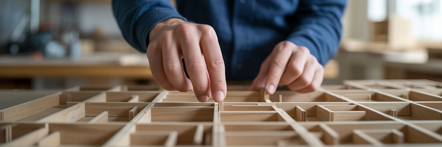 Hands carefully assembling wooden model.
