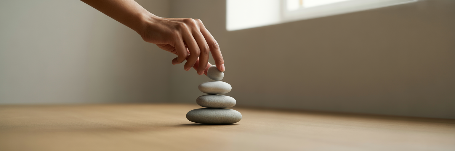 Hands carefully balancing stones in a stack.