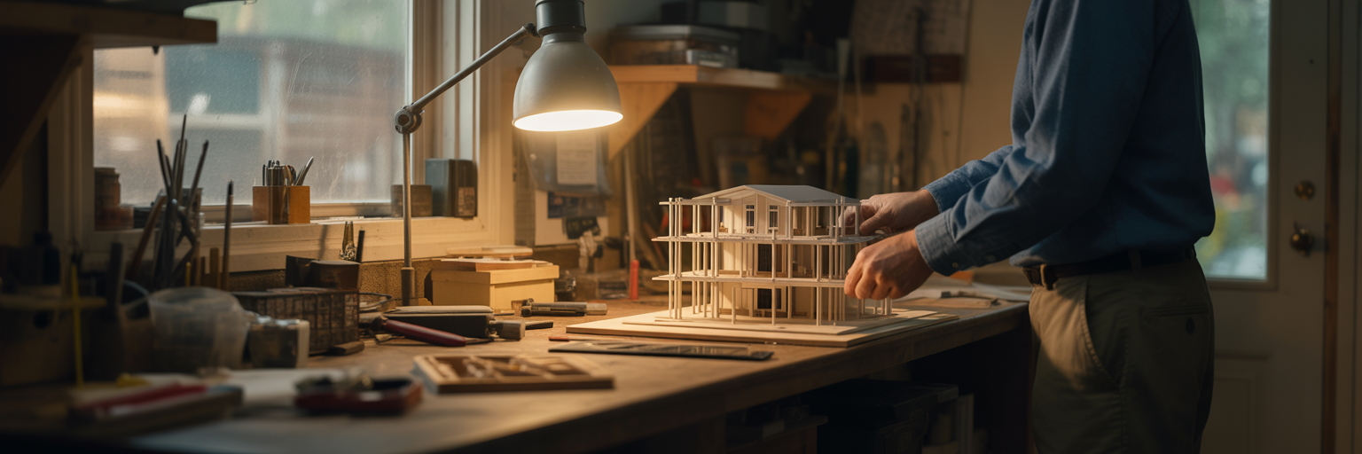 Hands carefully building an architectural model.