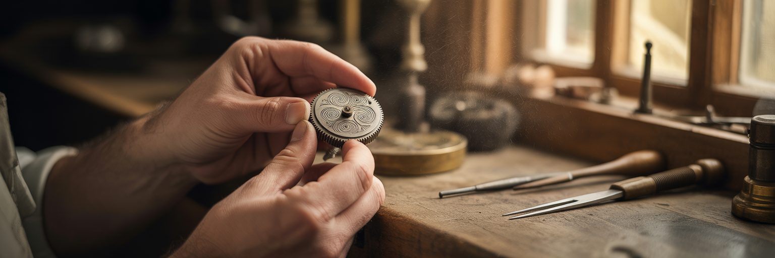Hands carefully examining antique watch gears.