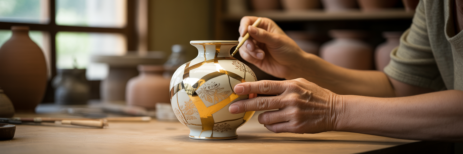 Hands carefully mending a cracked vase.