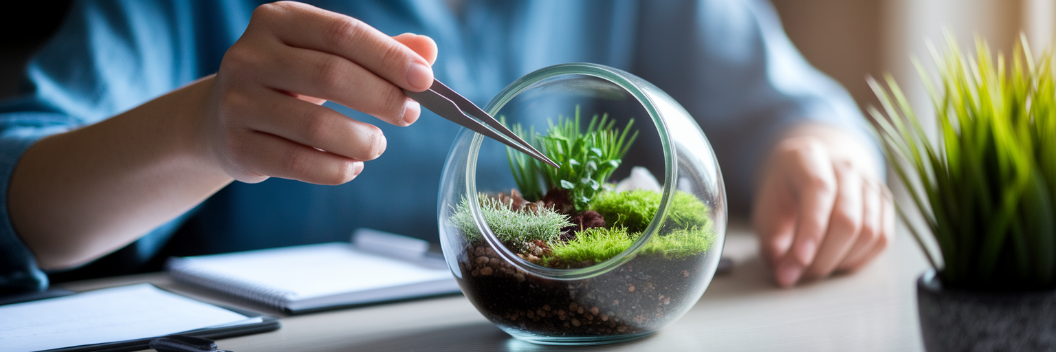 Hands carefully optimizing plants in a terrarium.