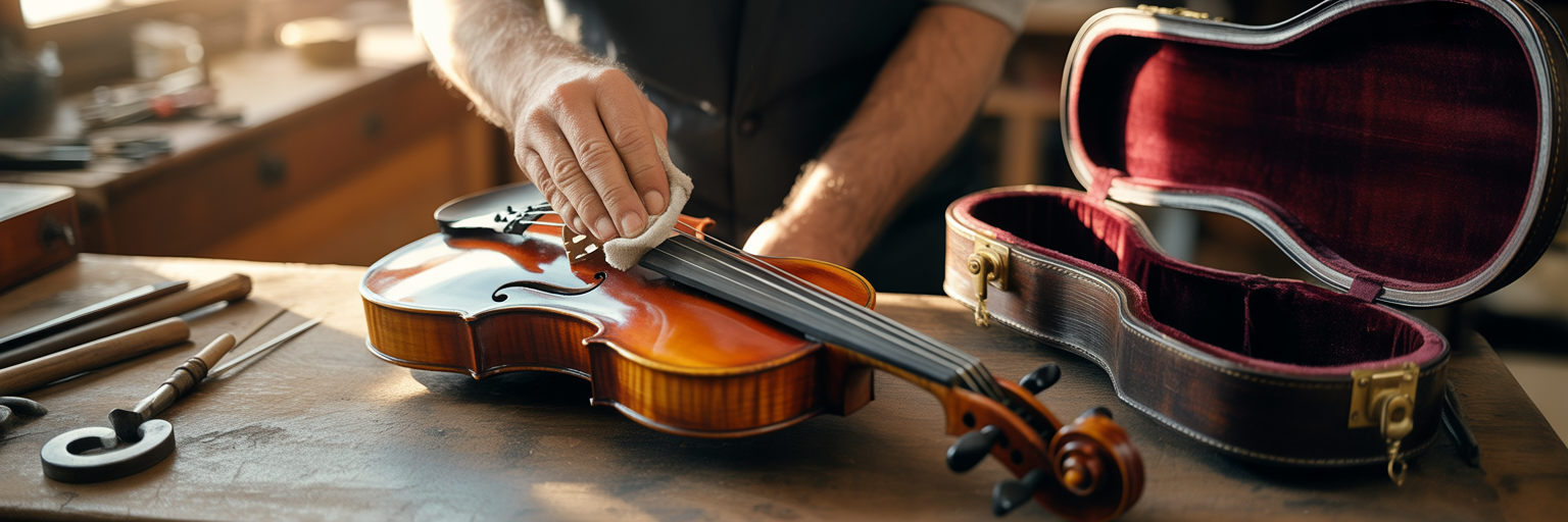 Hands carefully placing violin in case.