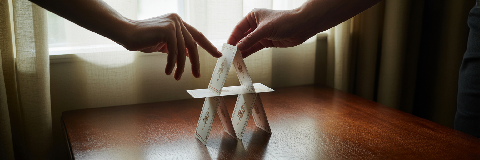 Hands carefully protecting a house of cards.