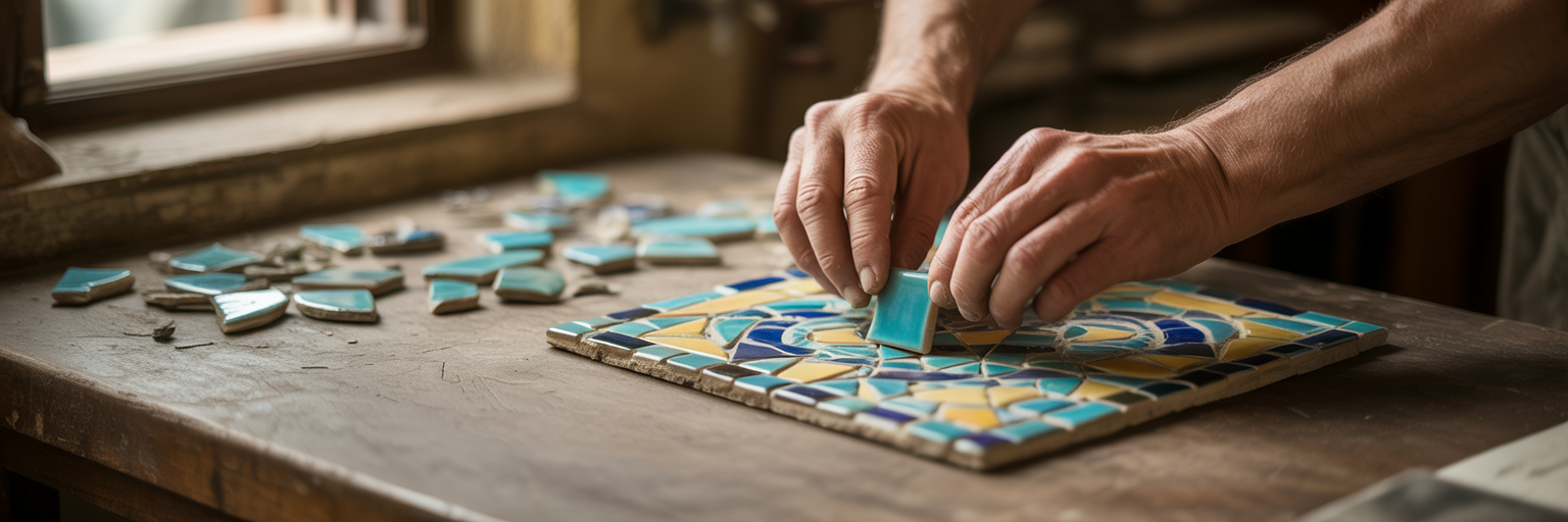 Hands carefully restoring an intricate mosaic.