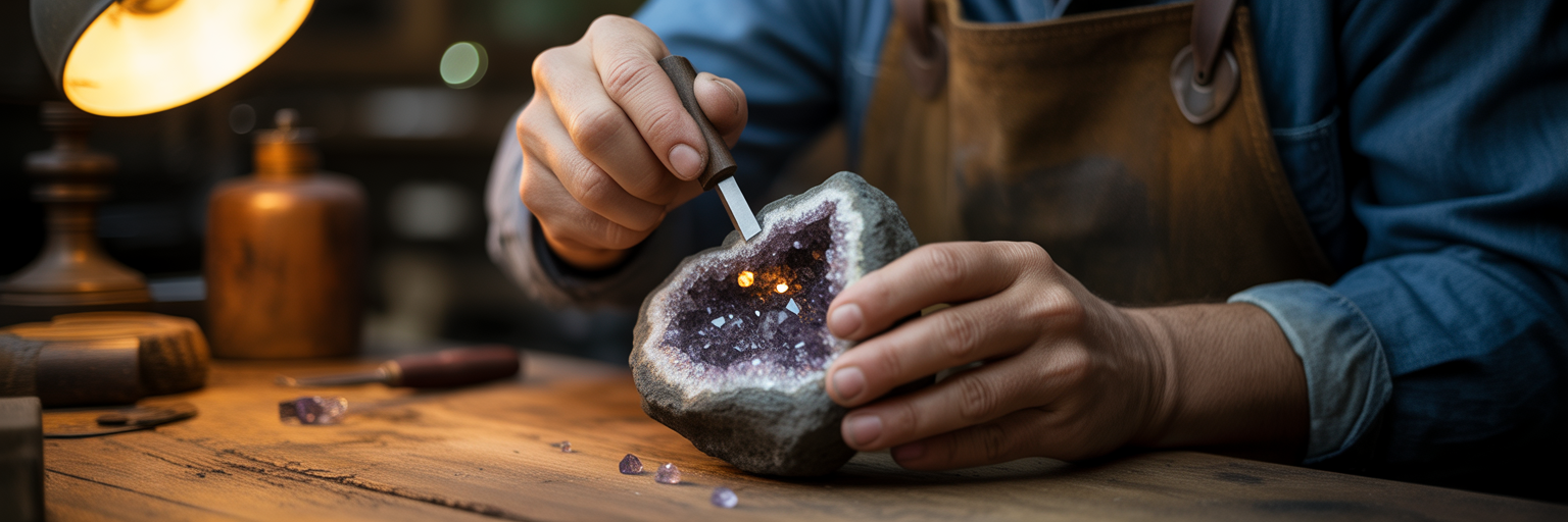 Hands carefully revealing crystals inside a rock.