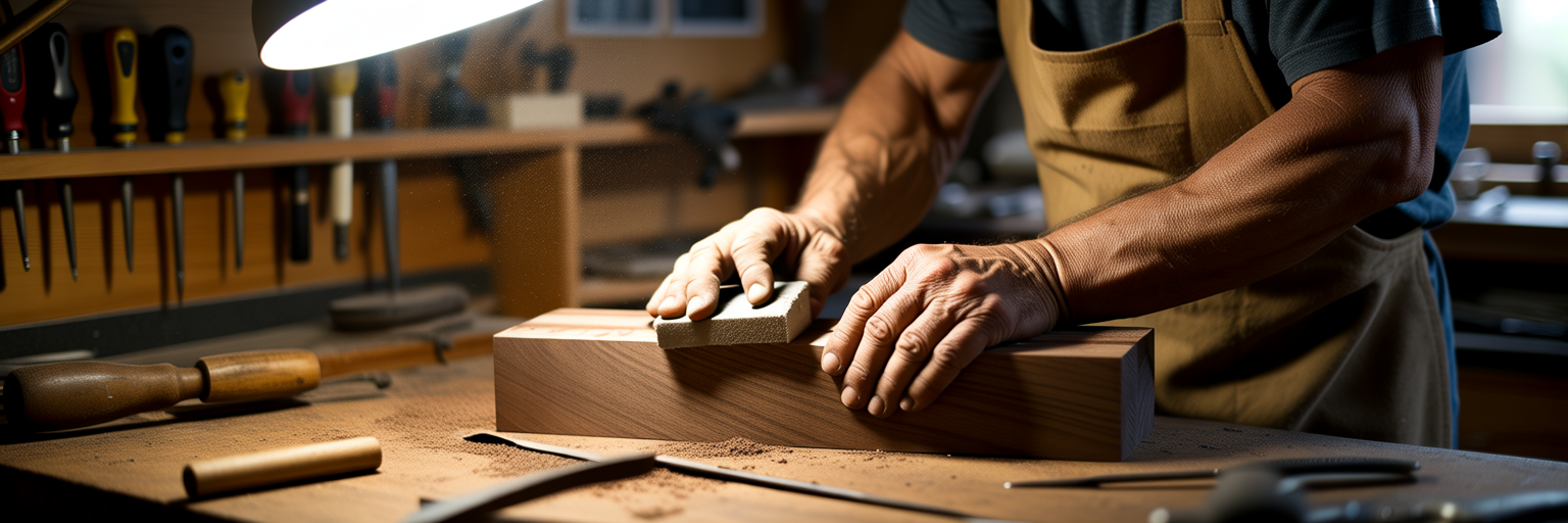 Hands carefully sanding rough wood smooth.