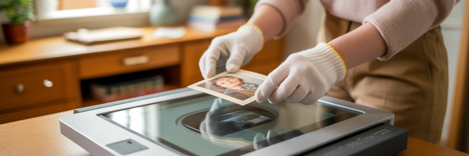 Hands carefully scanning an old family photo.