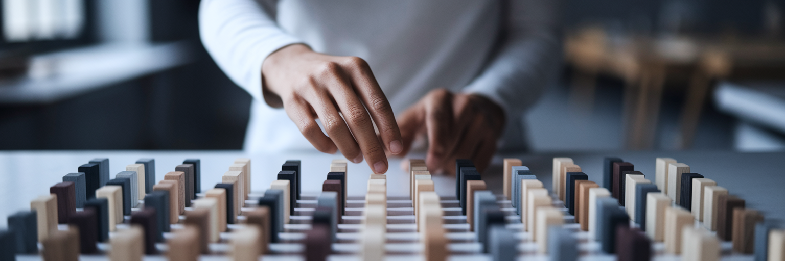 Hands carefully selecting unique wooden blocks.