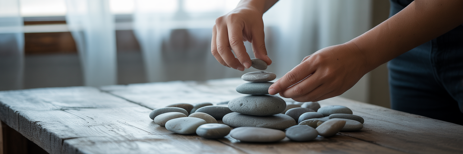 Hands carefully stacking small stones.