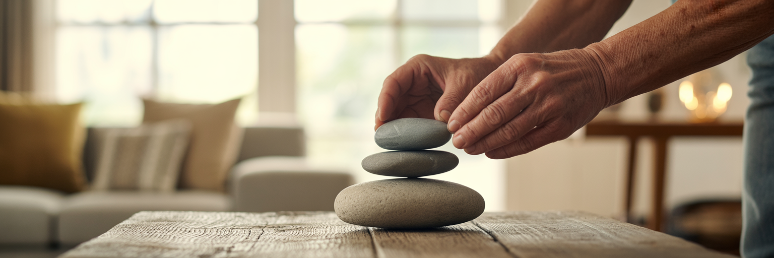 Hands carefully stacking stones for balance.
