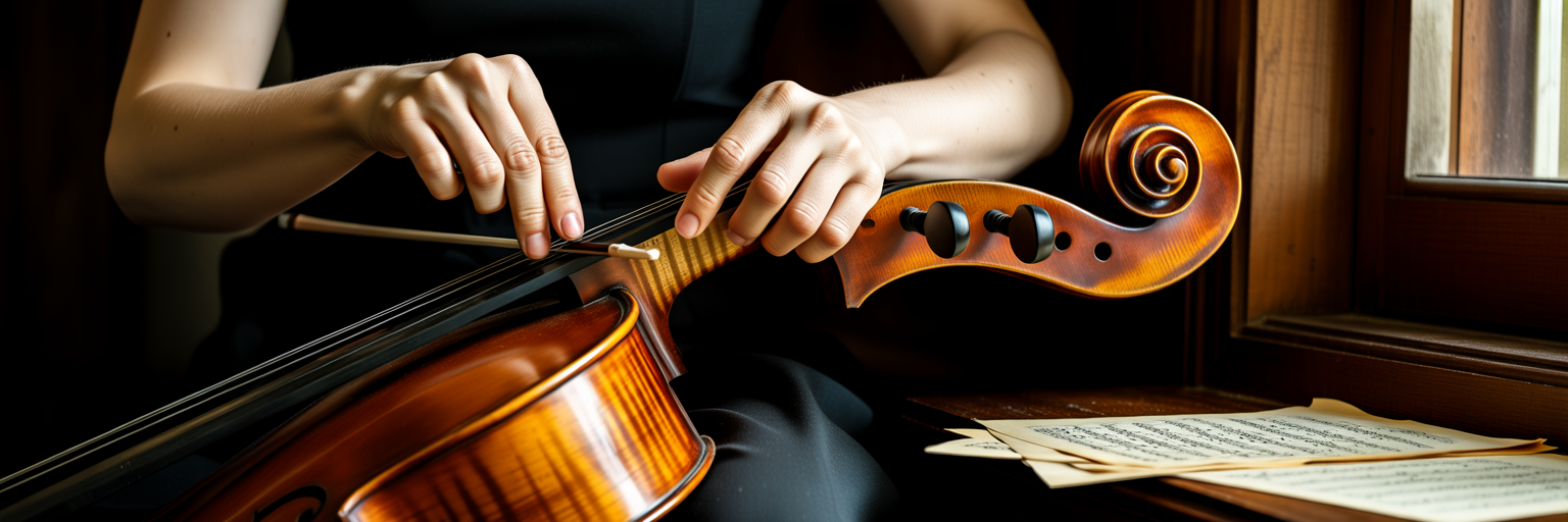 Hands carefully tuning a cello.