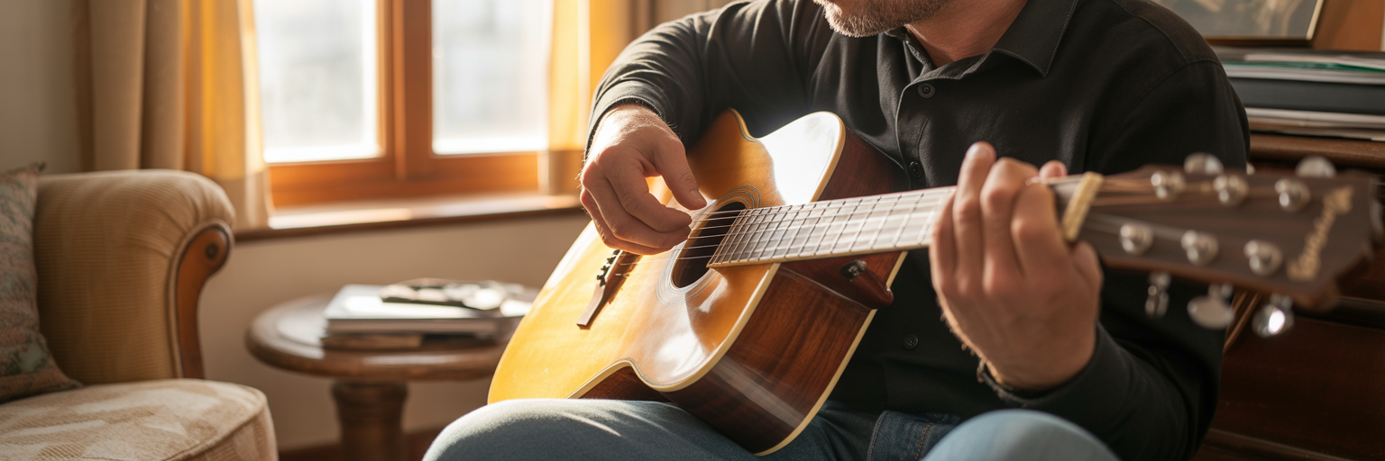 Hands carefully tuning an acoustic guitar.
