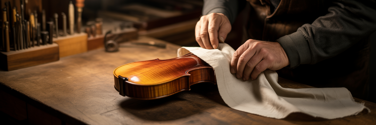 Hands carefully wrapping a violin neck.