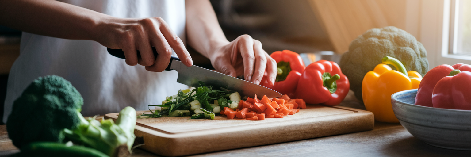 Hands chopping fresh vegetables for a healthy meal.