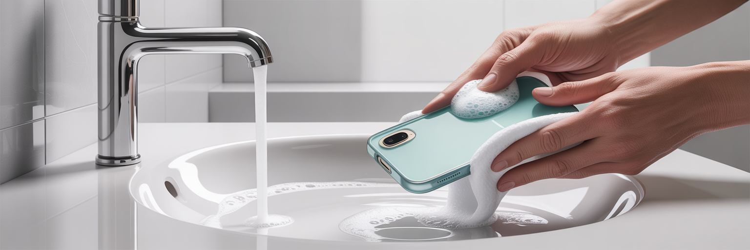 Hands cleaning clear phone case with soap.
