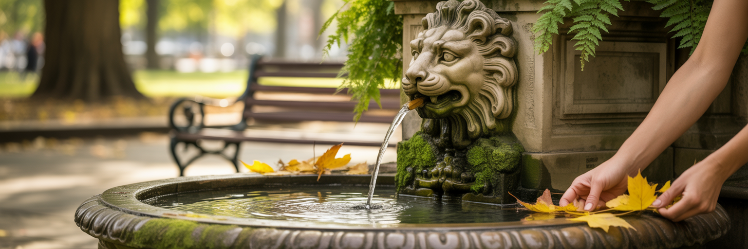 Hands clearing leaves from stone water fountain.