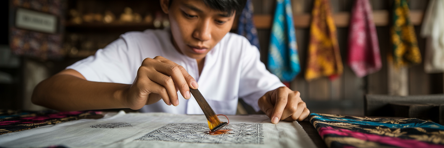 Hands creating a traditional Indonesian Batik pattern.
