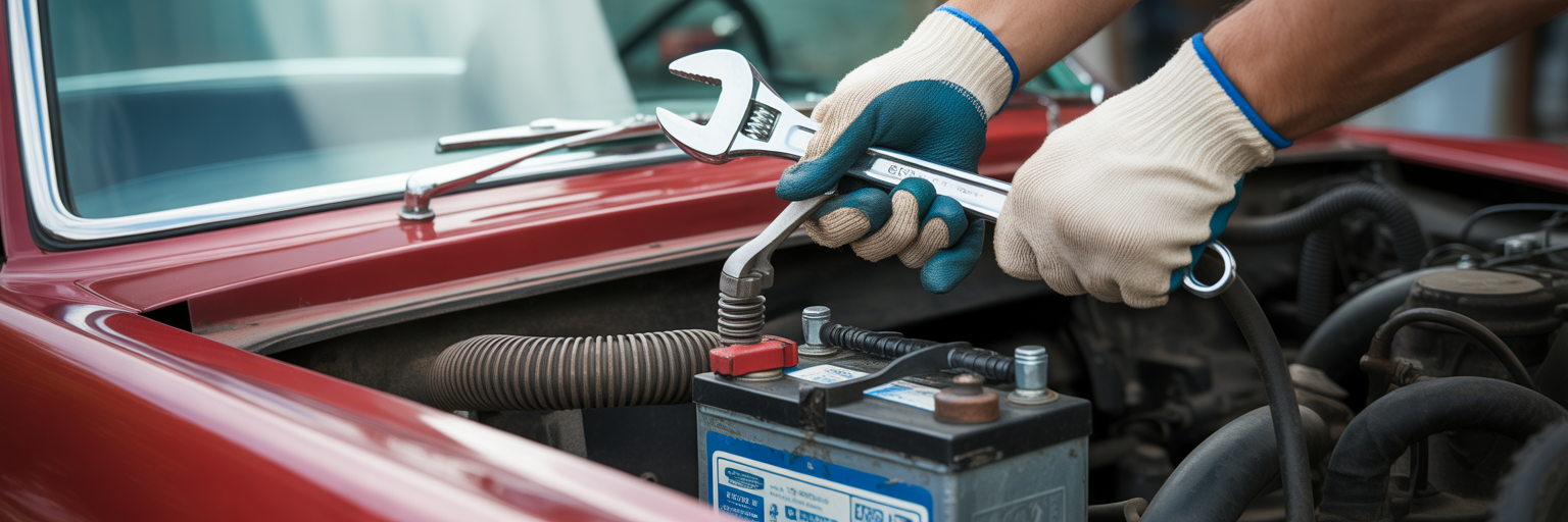 Hands disconnecting a car battery terminal.