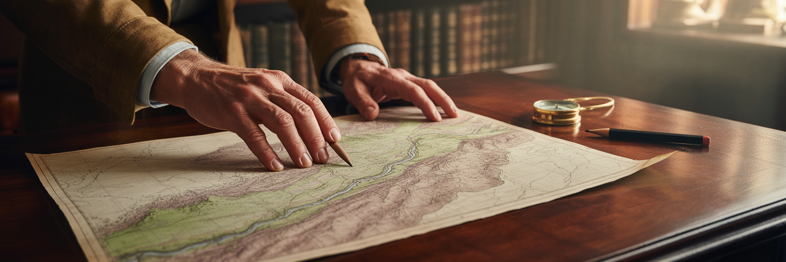 Hands examining a map with a compass.
