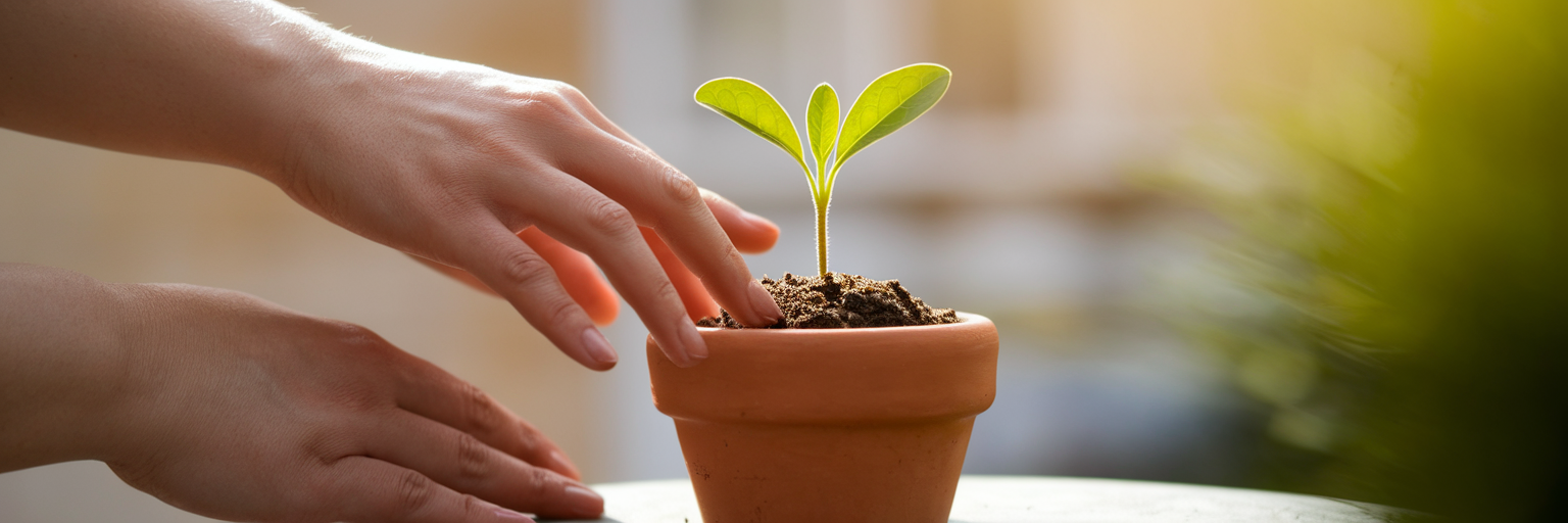 Hands gently nurturing a small seedling.