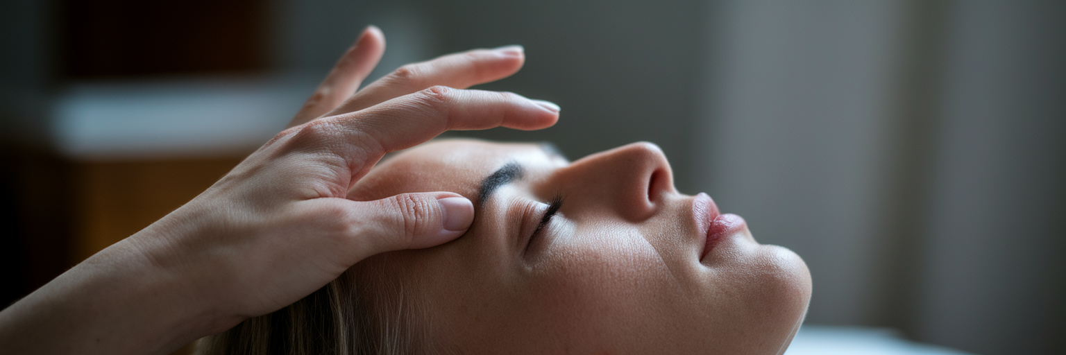 Hands gently tapping on the temple.