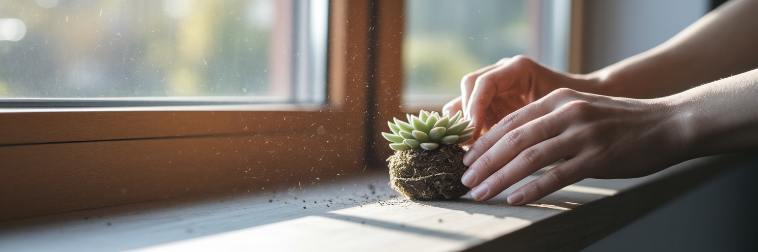 Hands gently tending a small succulent.